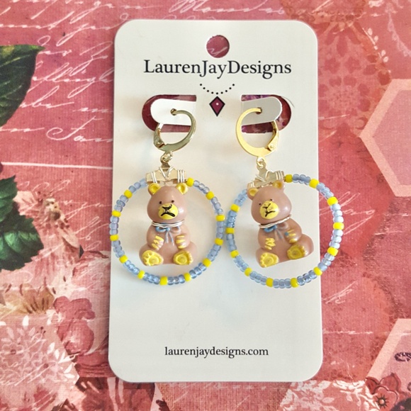 Teddy's Wonderland Blue and Yellow Beaded Gold Hoop Dangle Earrings - Picture 1 of 5